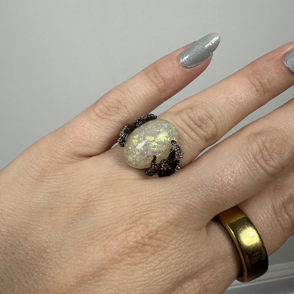 Simulated Fire Opal Black Plated Tree Branch Ring